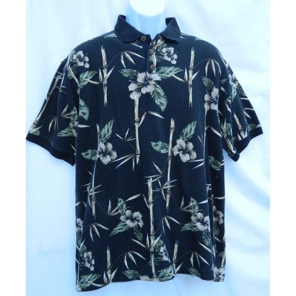 Boca Classics Polo Mens Size Medium Black Hawaiian/Tropical Short Sleeve